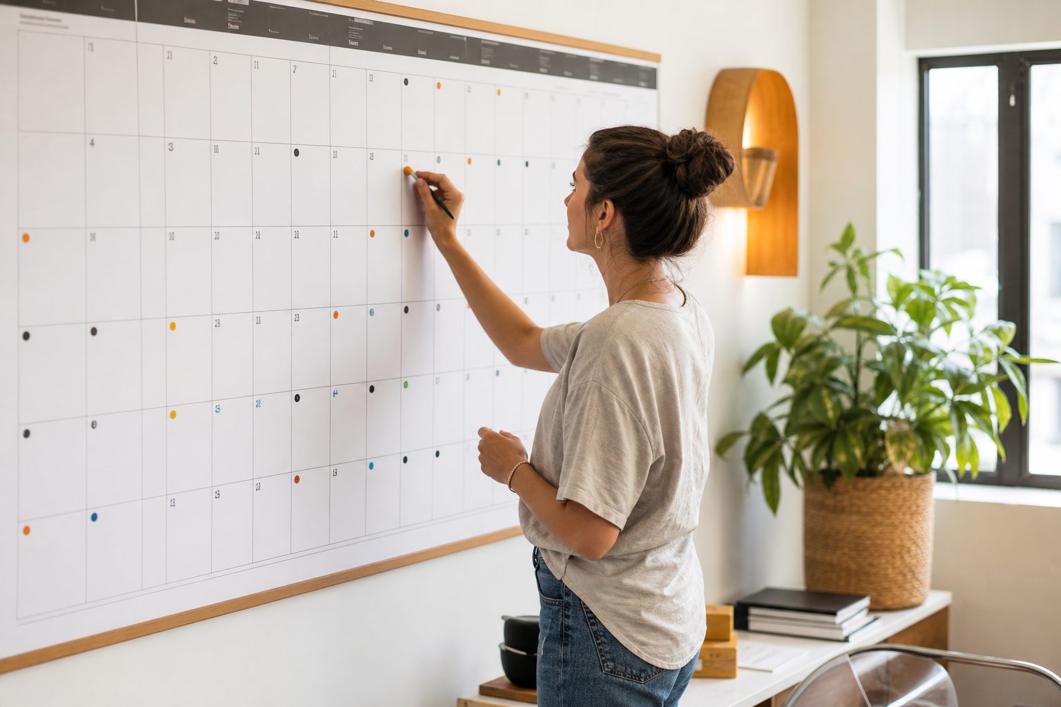 Woman marking a date on a large wall planner calendar in a bright white office