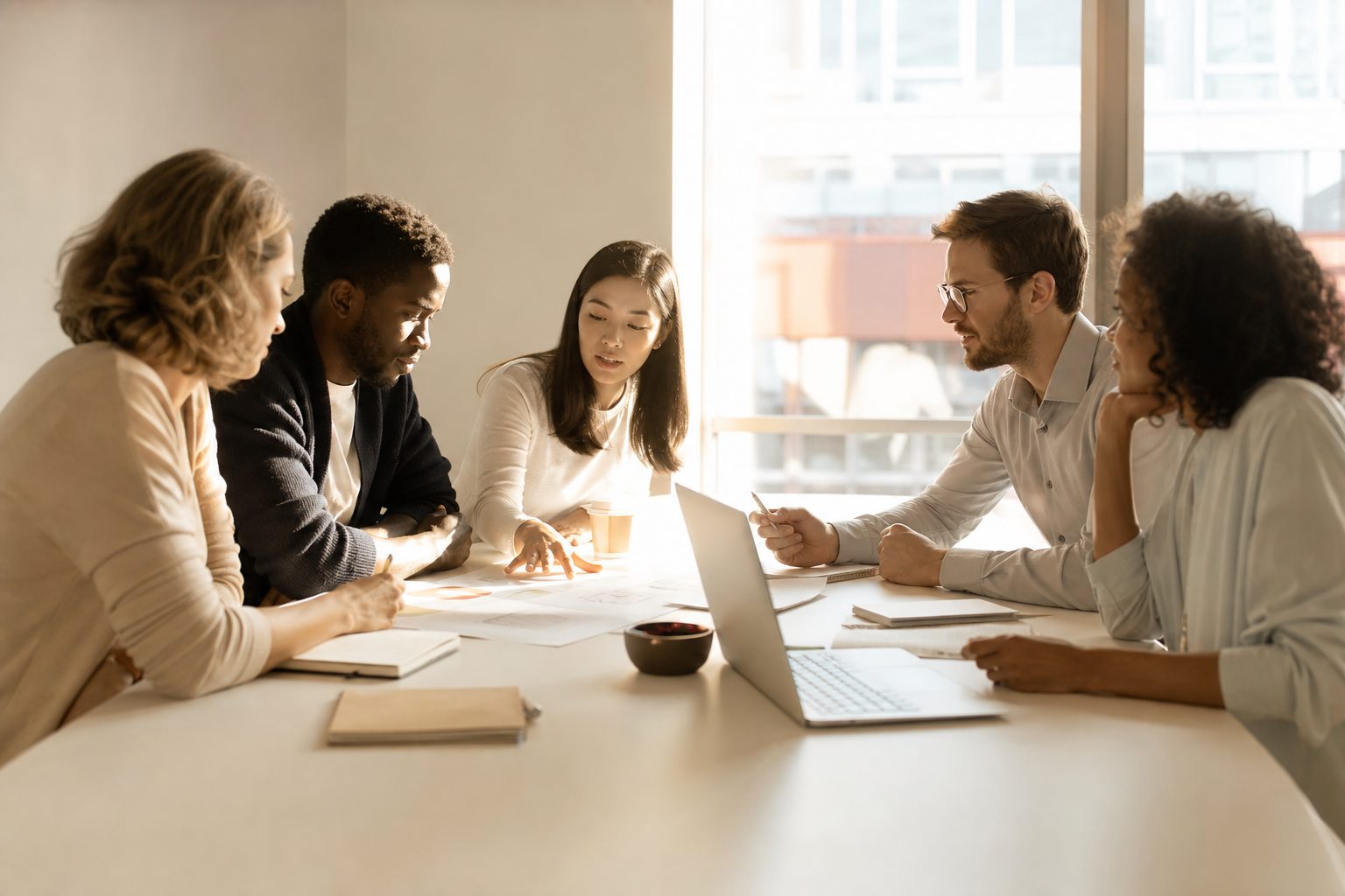 Small planning committee working around a bright white table in a sunlit room
