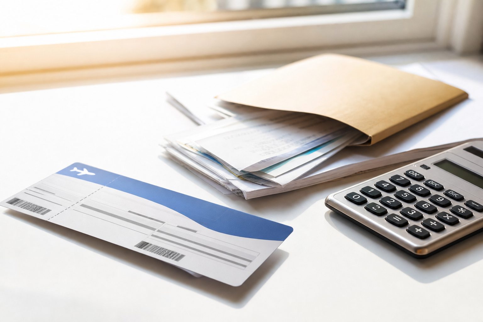 Boarding pass, receipt folder and calculator arranged on a bright white desk by a window