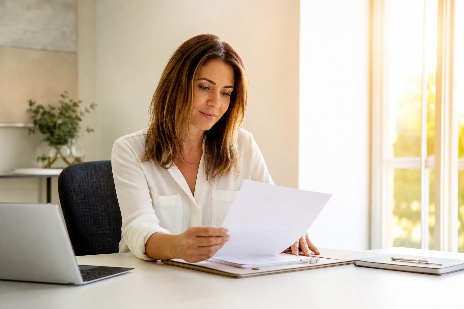 Speaker at a sunlit white desk reviewing a printed speaking agreement next to a laptop