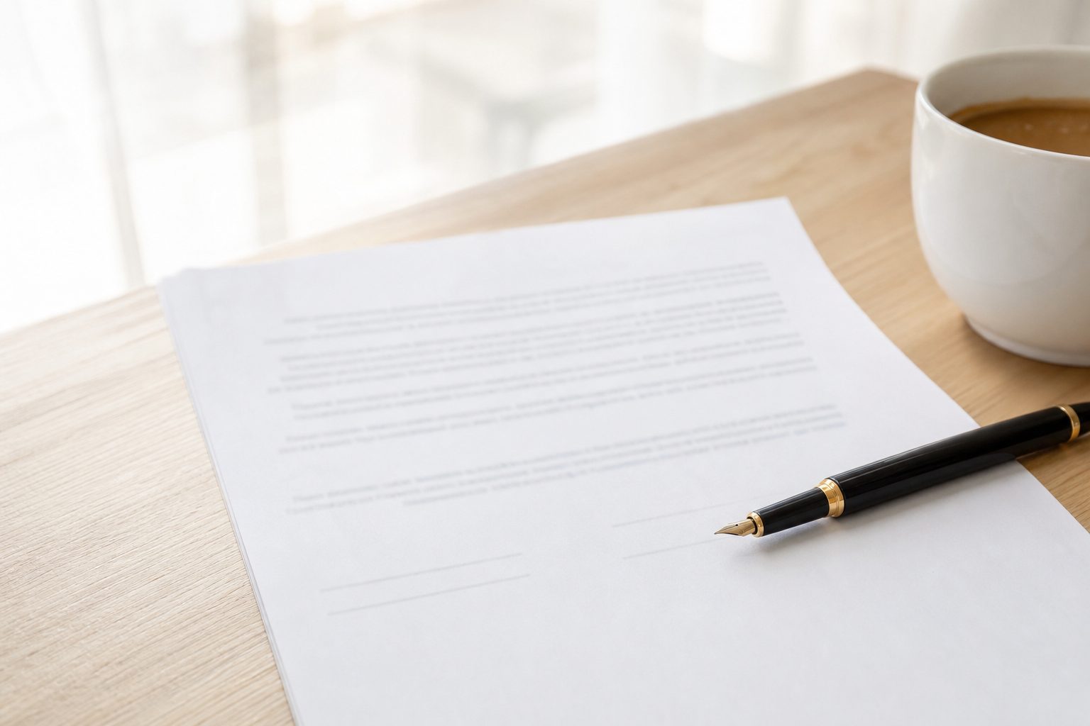 Printed contract and pen on a pale oak table in soft daylight beside a coffee cup