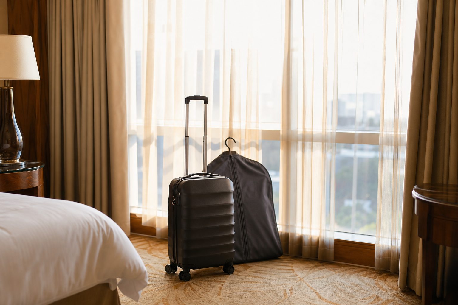 Carry on suitcase and garment bag beside a bright hotel window in morning light