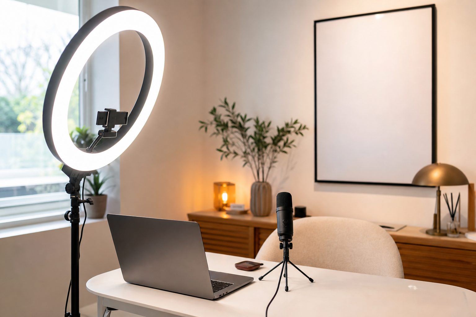 Bright home studio with ring light, microphone and laptop on a white desk