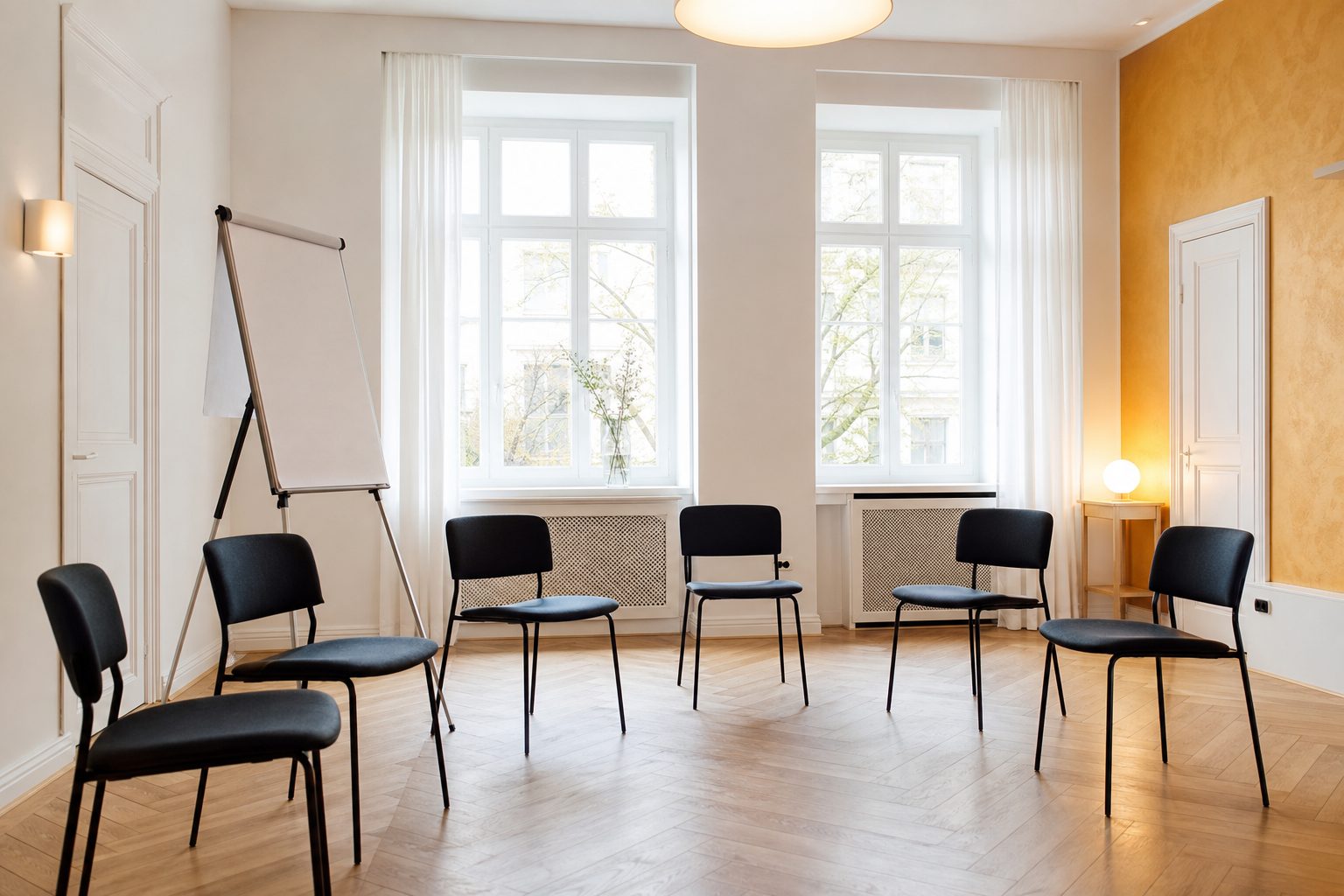 Bright meeting room with a semicircle of empty chairs facing a flip chart easel